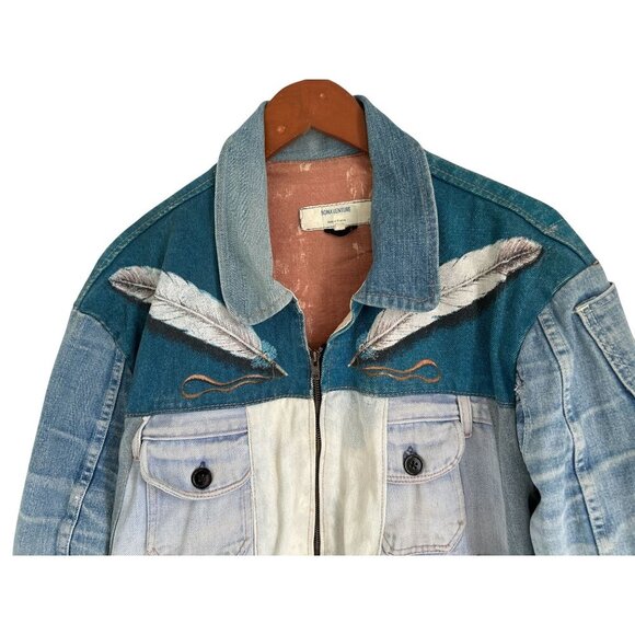 Vtg Y2K Denim Patchwork Jacket Tribal Boho Streetwear Feather Embroidery - Picture 4 of 15